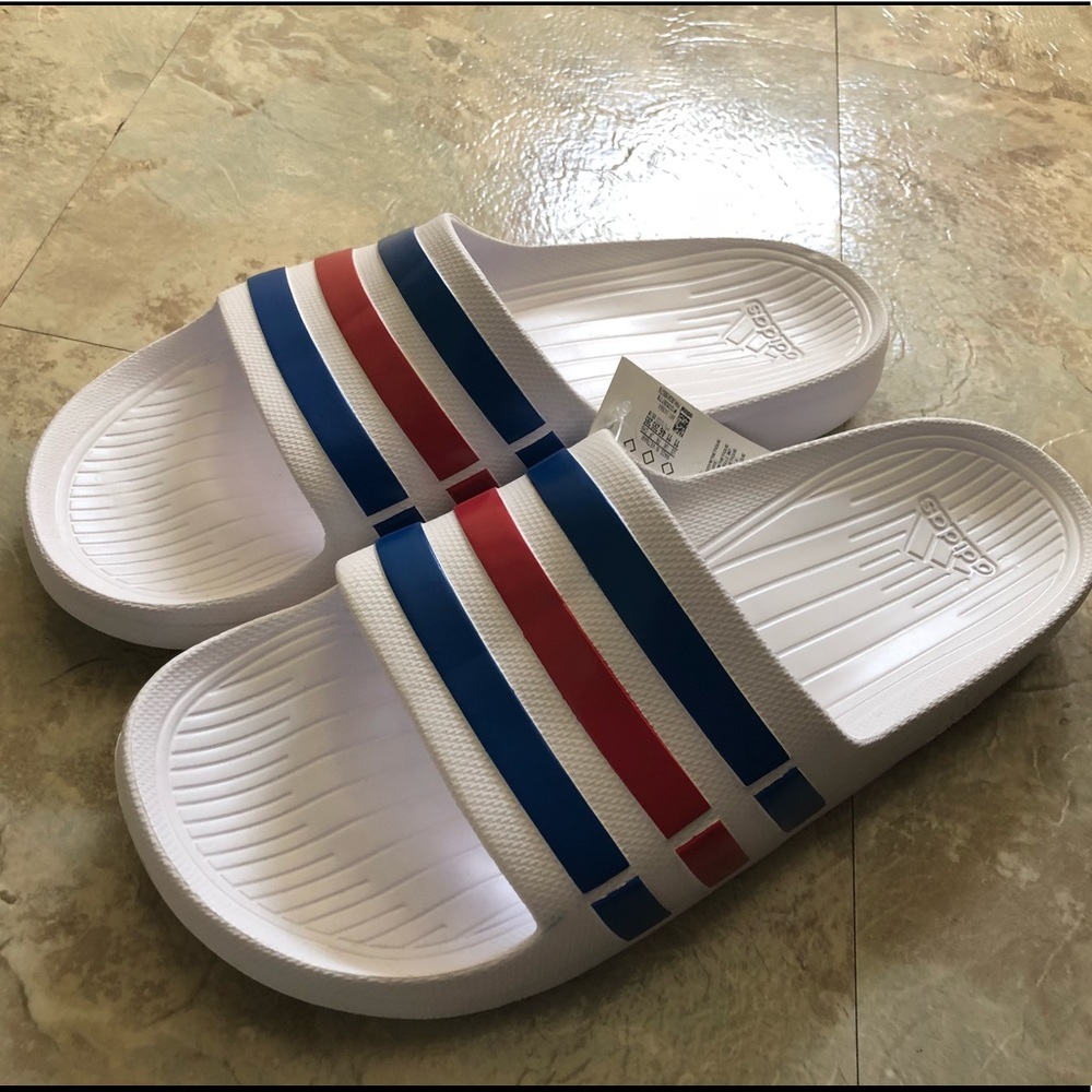 Adidas Duramo Slides White Red & Blue Mens